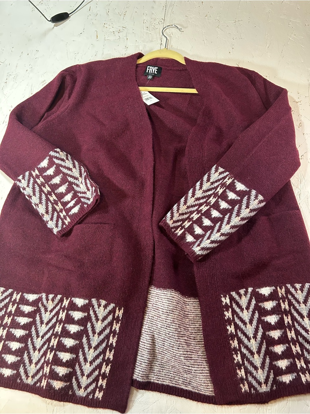 FRYE Burgundy Open-Front Cardigan with White Patterned Accents